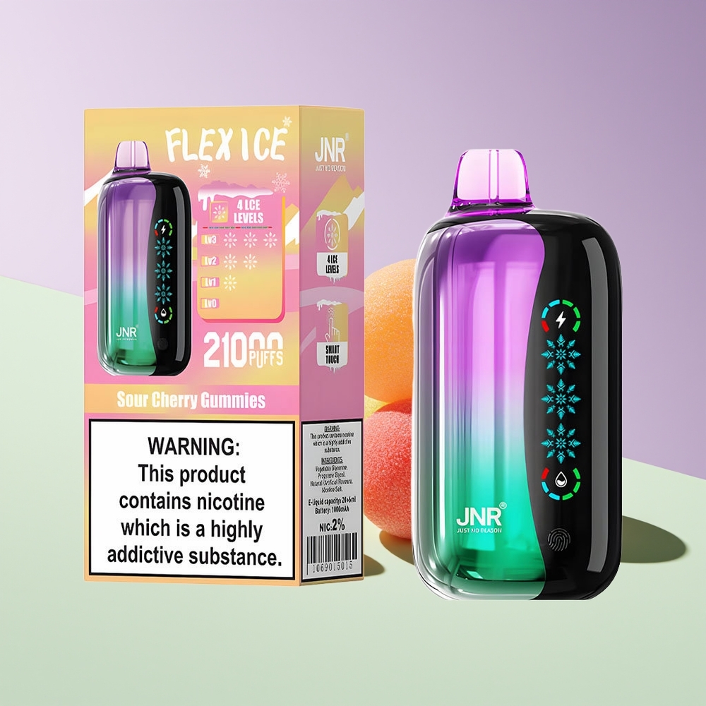 Wholesale Finland JNR Flex Ice 21000 Puhallusta Sour Cherry Gummies 1.2 Ohm Dual Mesh